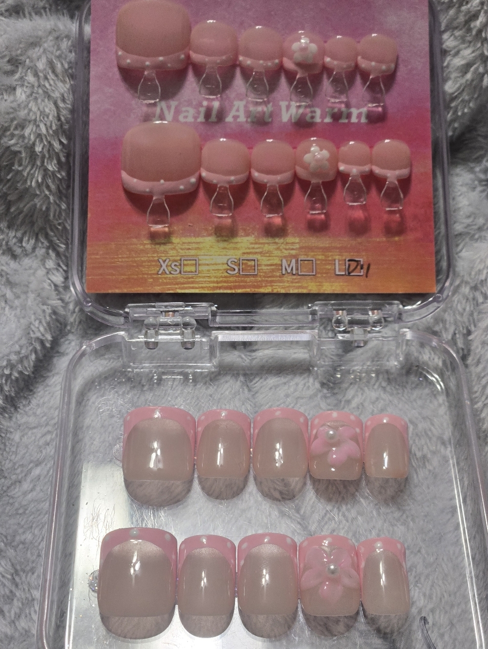 Toe & Finger Nail Press-On Set with Pearl Flower Accent
